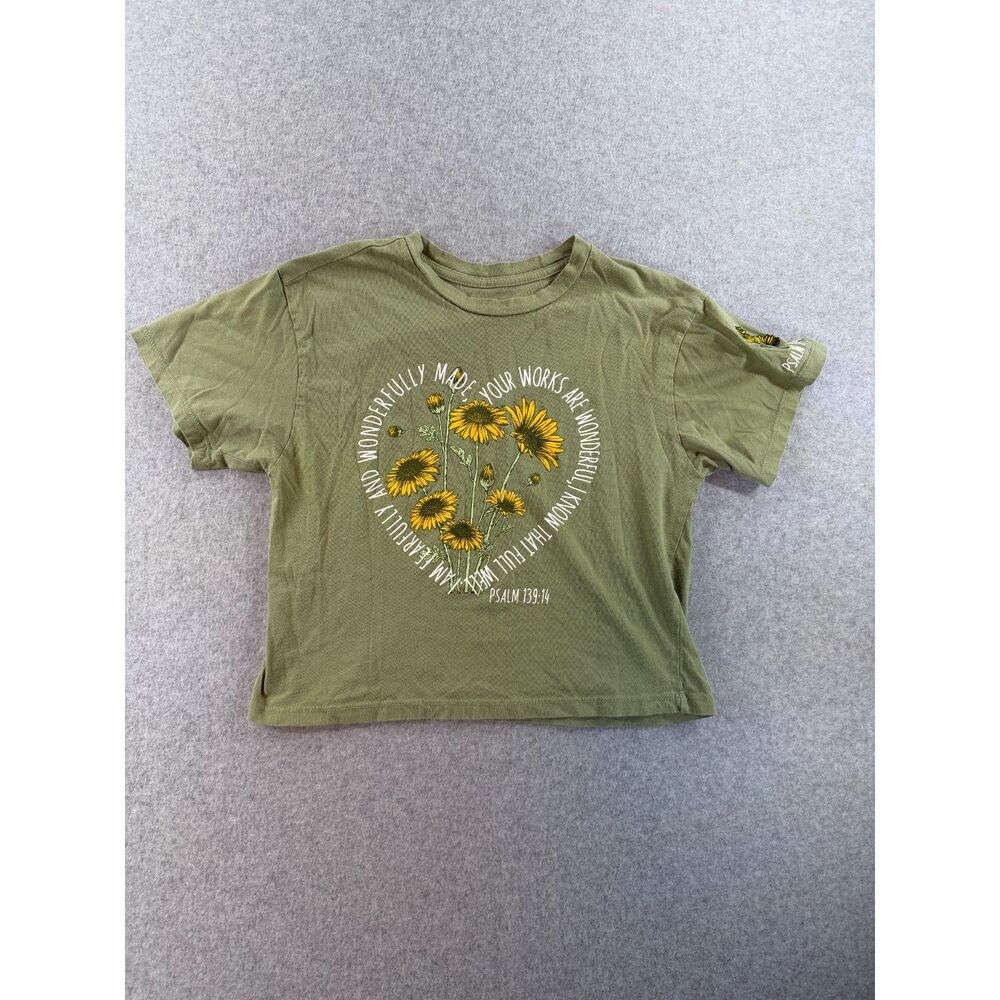 Queen Bees XS Olive Psalm 139:14 Sunflower Graphic Crop T-Shirt